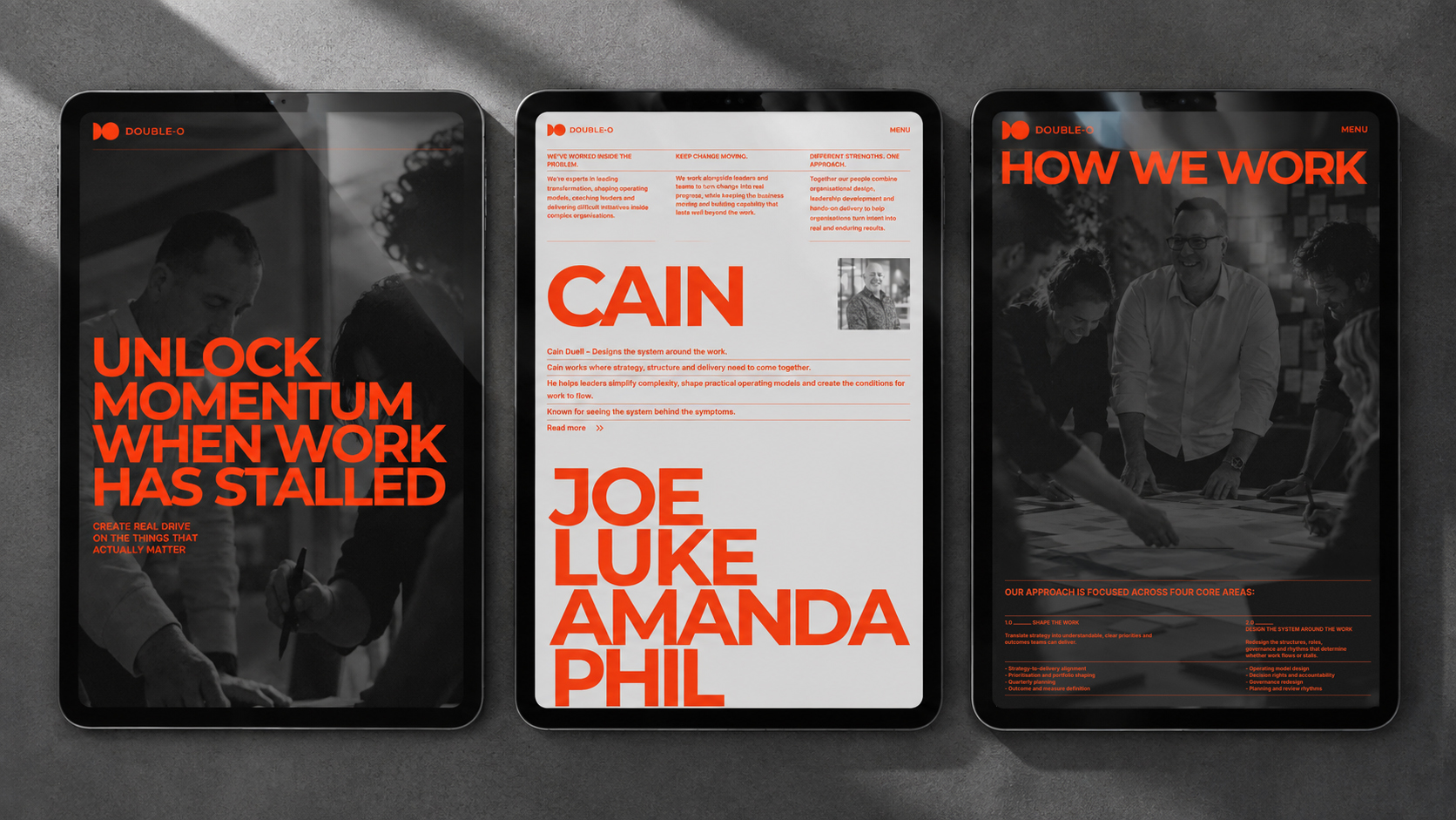 Double-O website displayed across three iPads